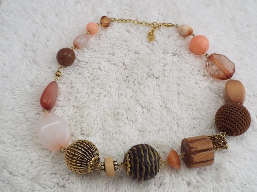 ROBERT ROSE Goldtone Wood Cord Acrylic Cloth Bead Necklace