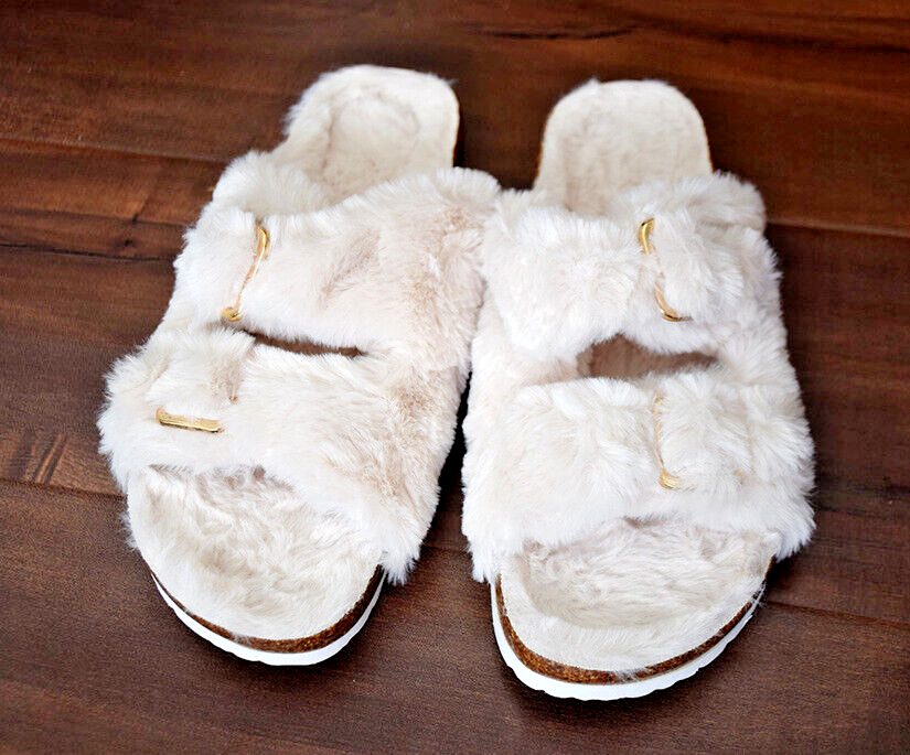 Fitory Beige Faux Rabbit Fur Slippers Open Toe Shoes Women's Size  Sandals, NEW