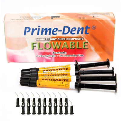 Prime Dental Flowable Light Cure Dental Comp. 4 Syringe Kit +20 Tips -All Shades