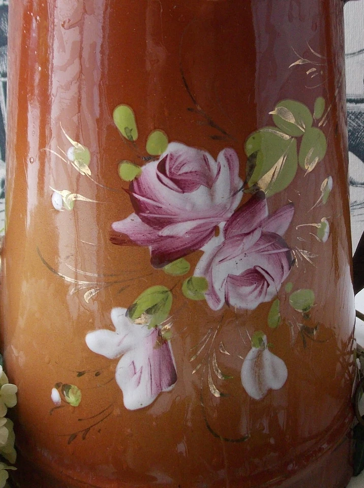 ANCIENNE CAFETIERE EMAILLEE DOUBLE MARRON A FLEURS ROSES shabby - Photo 2/4