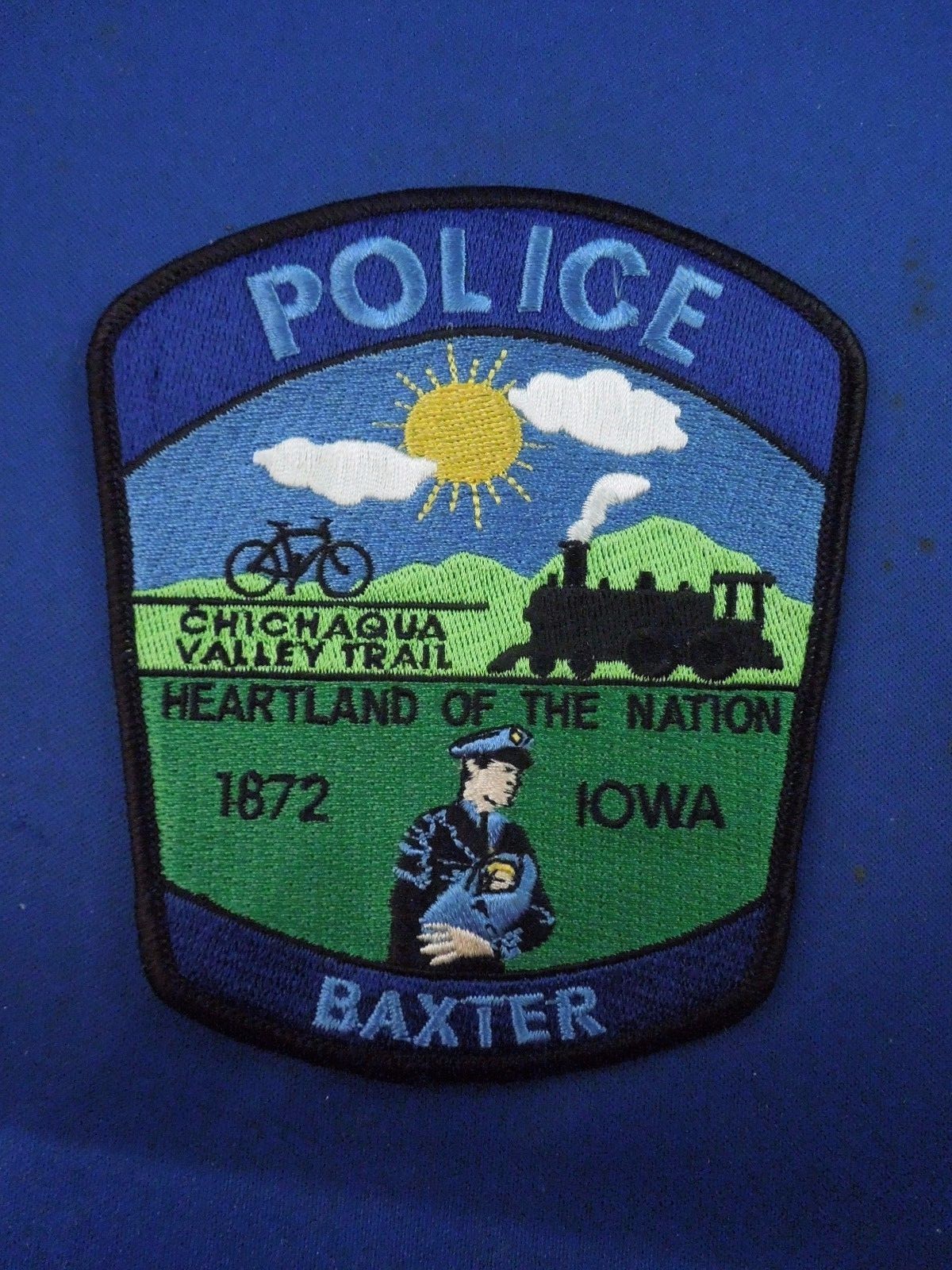 Vintage Baxter Iowa Police Embroidered Iron On Patch Chichaqua Valley