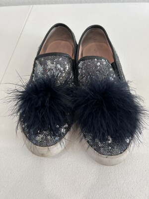 Kate Spade New York Latisa Blue  Sequin Slip On Shoes 8.5 Feather Pom Sneaker