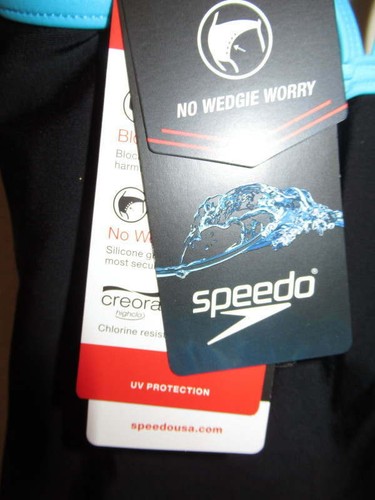 Speedo Black Blue Block the Burn No Wedgie Worries Creora Swimsuit Girl's 7 New - Picture 3 of 5