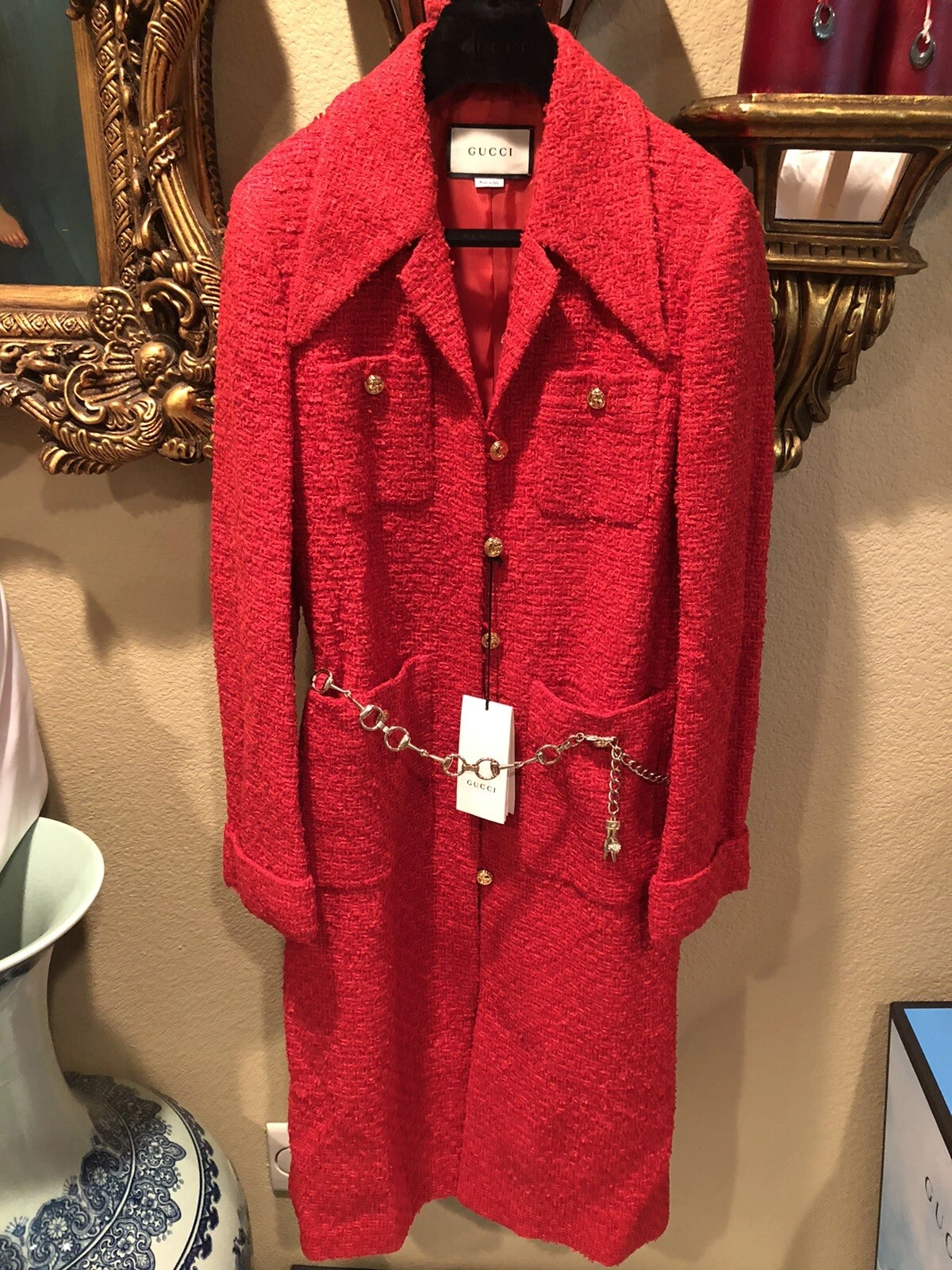 Manteau en tweed rouge 100 % authentique ceinture de piste GUCCI + taille de taxe : 44