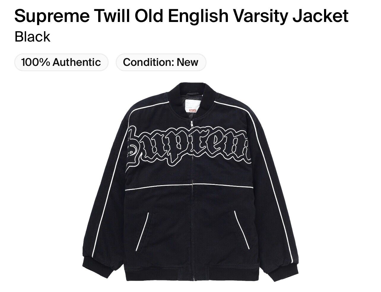 Supreme Twill Old English Varsity Jacket Size XL Black Brand New In Bag