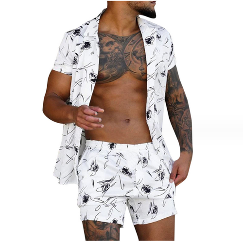 Hawaiian Mens Set Short Sleeved Shirt+Shorts Summer Casual Beach Two-Piece Set