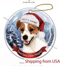 Jack Russell Terrier Brown and White Santa Hat Dog Porcelain Christmas Orname...