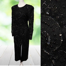 Vintage 80s LAURENCE KAZAR Beaded Silk Sheath Dress Black Sequin Gown Sz 6 Party
