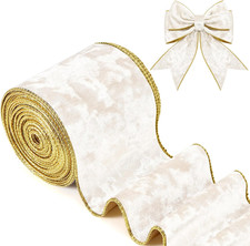 Christmas 4 Inch Velvet Ribbon 10 Yards Ivory Wide Wired Velvet Ribbon with Gold