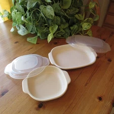 2 Vintage Rubbermaid Heatables Microwave Platter Plate 0063 & 0061 Lot Lids