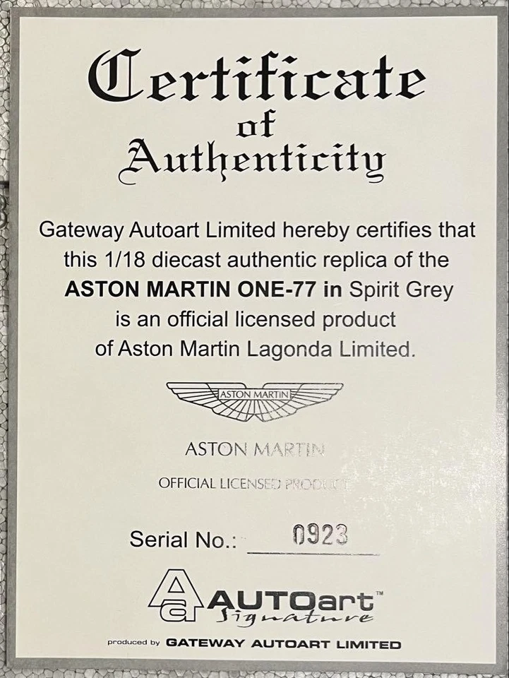 AUTOart Aston Martin 1/18 One 77 Diecast Model Spirit Grey con certificato - Immagine 3 di 4