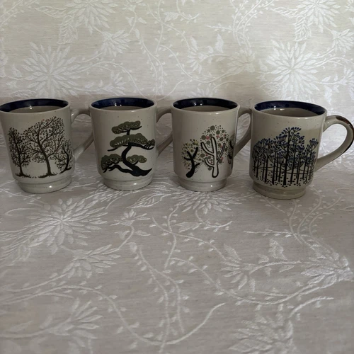 Set of FOUR MCM Mugs Otagiri Style Trees Korea Mint