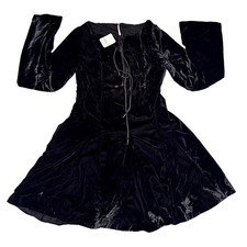 Free People Black Velvet Lace Up Mini Dress Long Sleeve Boho Size 2 OB102936333