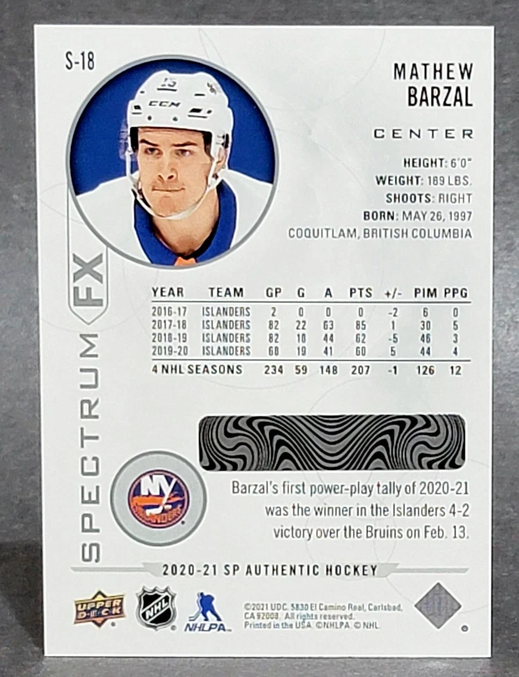 2020-21 SP Authentic Spectrum FX #S-18 Mathew Barzal Unscratched - Image 2 of 2