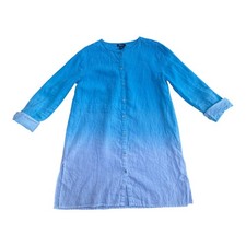 Pure Amici Dress Womens Extra Small Blue Ombre Linen Button Front Long Sleeve