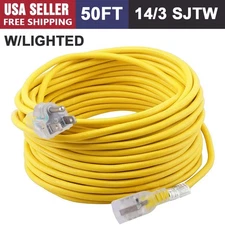 50 Feet 14/3 Lighted Outdoor Extension Cord - Heavy Duty Yellow Extension Cable