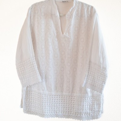 White Eyelet Crochet Cotton Peasant Tunic XL Boho Cottagecore Fairycore Coastal