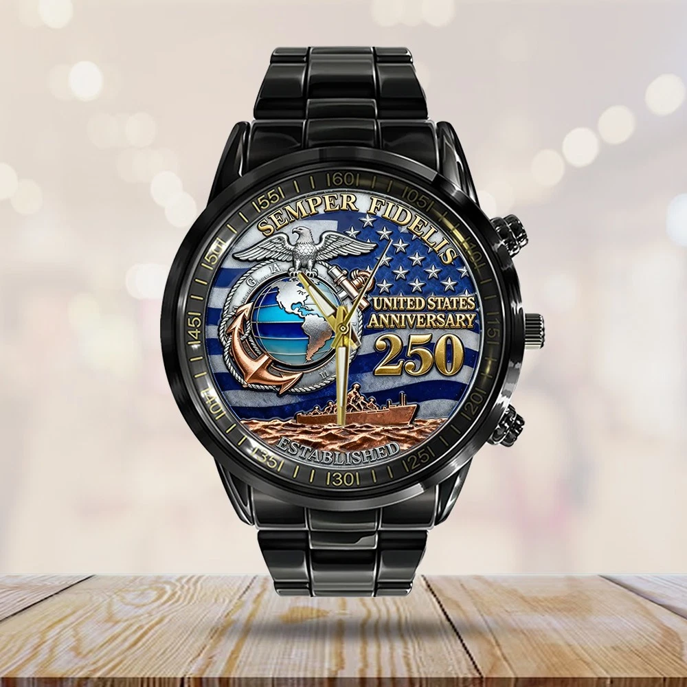 US Marine Corps 250th Anniversary Black Stainless Steel Watch