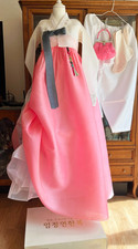 Slim Fit Traditional Korean Premium Silk Hanbok Dress  Ivory and Pink Set Norigae