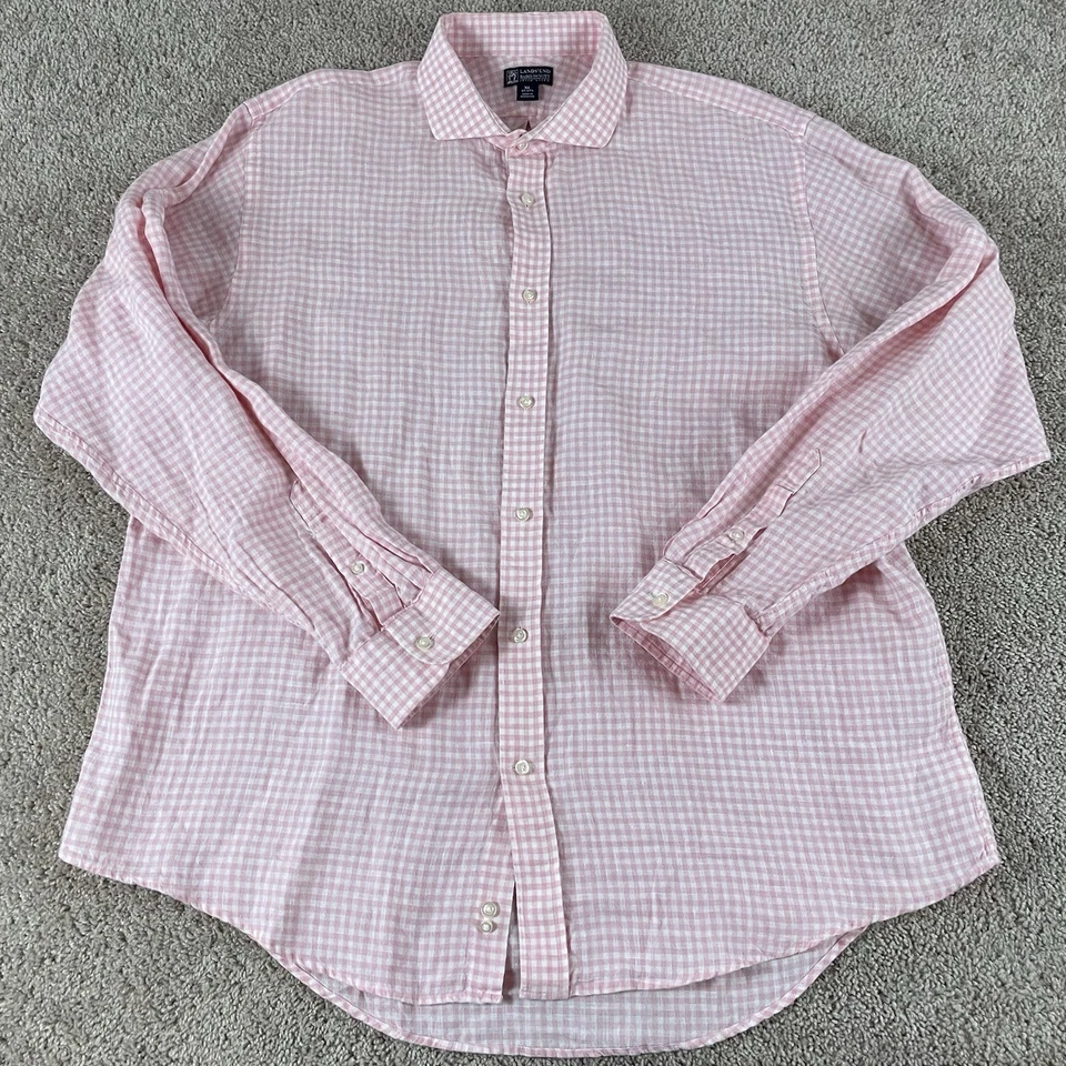 Lands End Baird McNutt Shirt Mens XL Irish Linen Pink Gingham Button Down T573 - Image 2 of 4