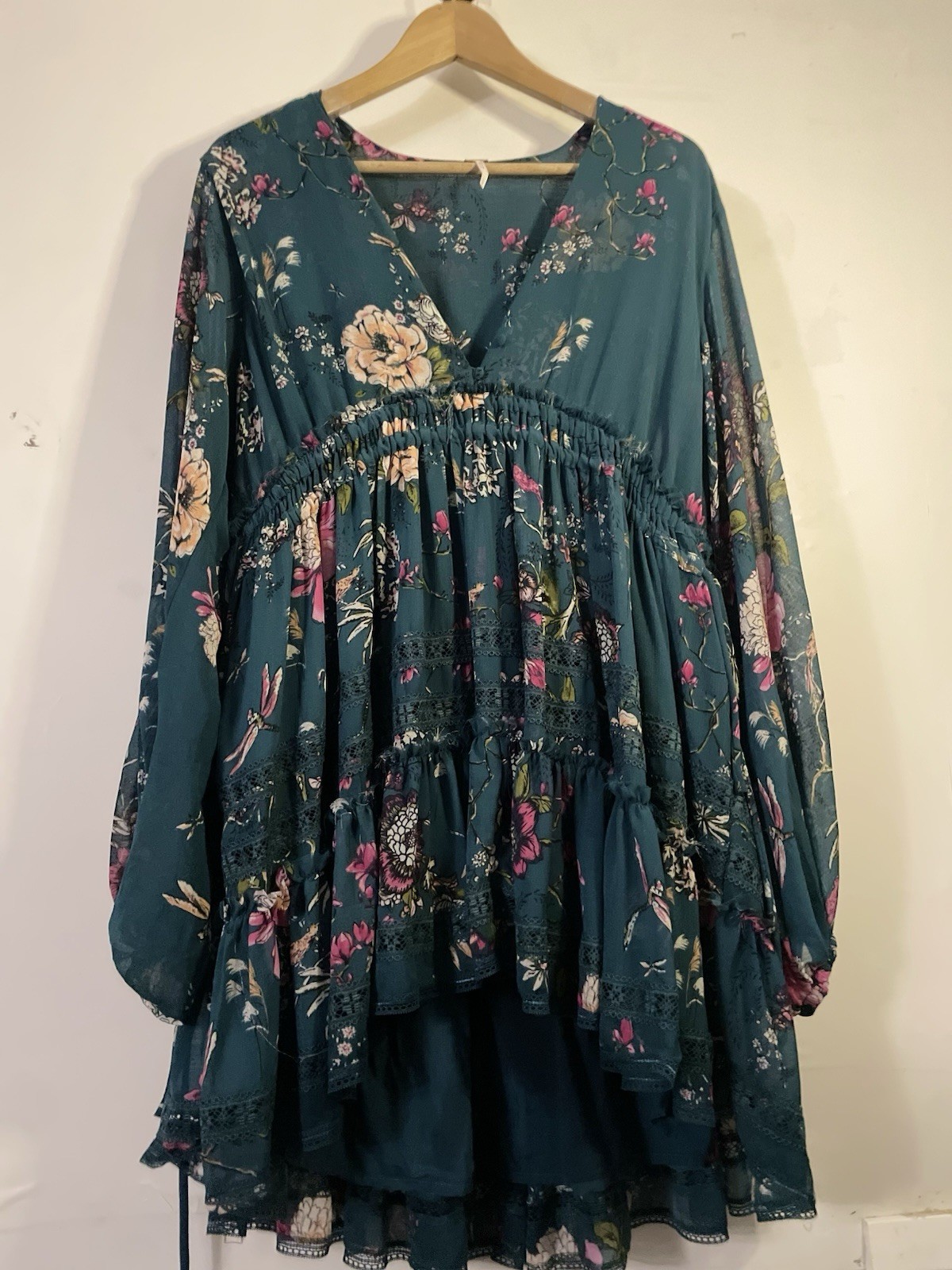Free People Floral Chiffon Lined Mini Dress  Balloon Sleeve M Romantic fairycore