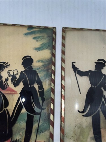 Pair Antique Reverse Painted Convex Glass Silhouette Reading Pictures 4" x 5" - Picture 3 of 8