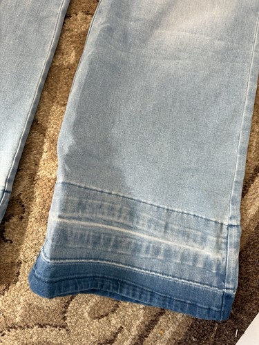 TAGLIA 18 Jeans donna svasato vita alta fondo a campana elasticizzato toppa orlo denim - Foto 4 di 6