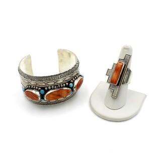 Southwest Signed Sterling Spiny Oyster Repousse Cuff Ring Lot of 2 #S6035 1
