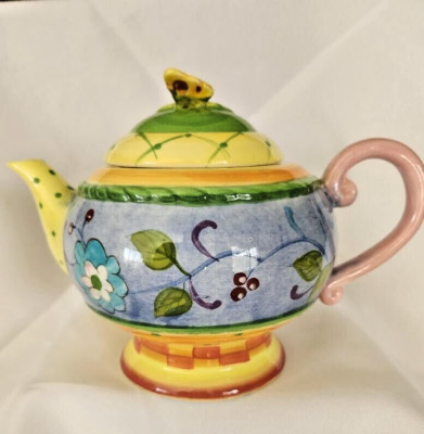 Vtg. 90s Certified International Sue Zipkin Teapot Butterfly Pop Art Pottery