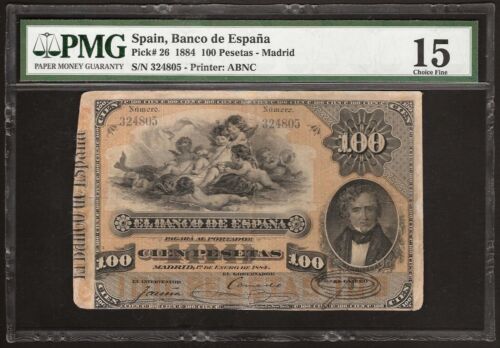 SPAIN 100 PESETAS 1884 P:24 Fine (15 PMG) El Banco de Espana VERY RARE