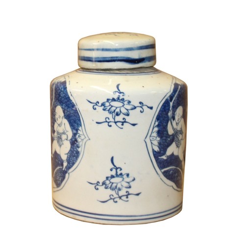 Chinese Blue White Ceramic Double Kids Graphic Container Urn Jar ws870 - Picture 2 of 5