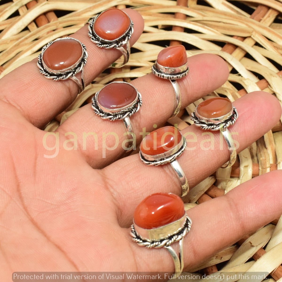 Bulk Carnelian Gemstone Rings Wholesale Lot - 925 Silver Plated - Mix Sizes & Shapes (India)