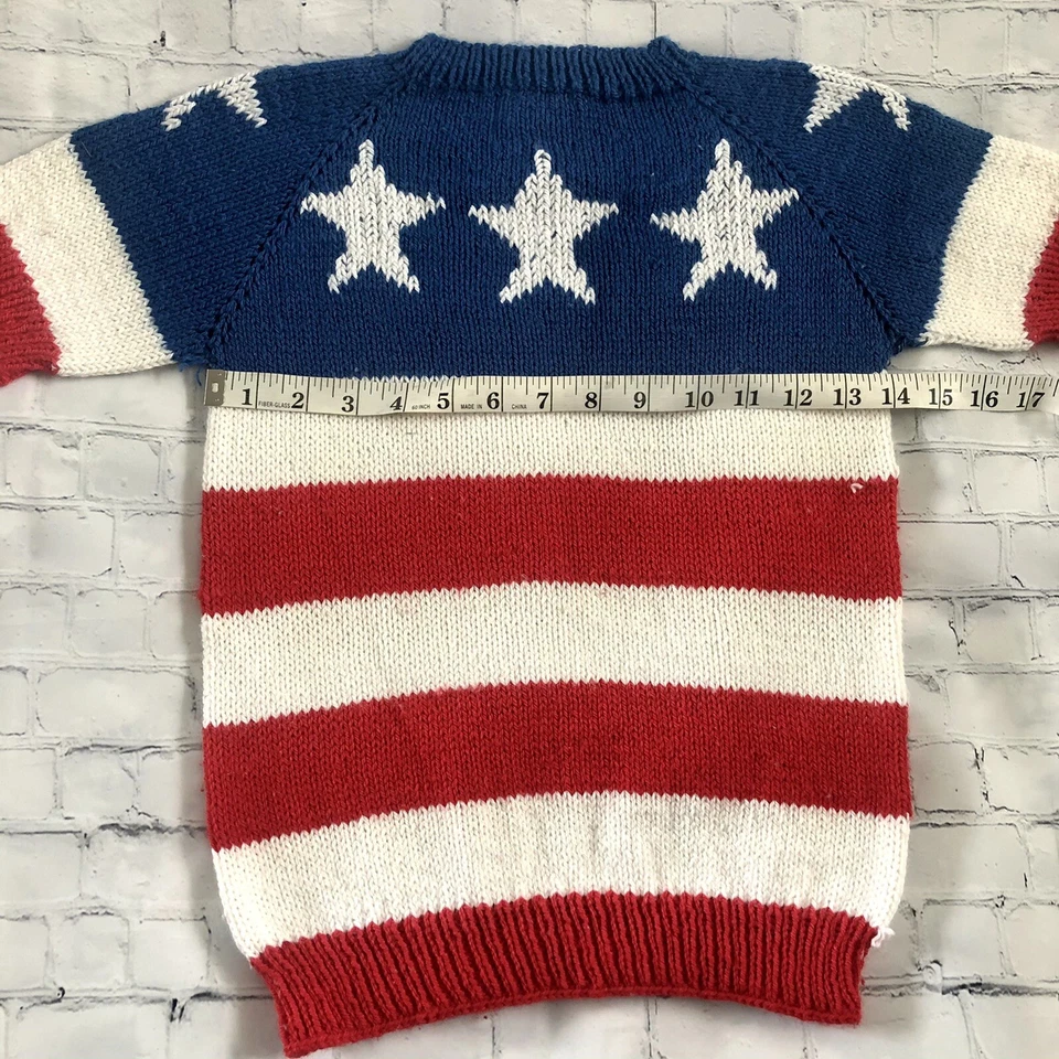 Hand Knit Home Kids USA American Flag Star Short Sleeve Sweater Size 8/10 Merica - Image 3 of 4