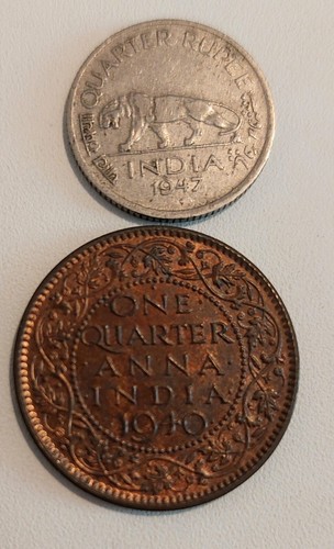 India 2 Coins Lot - One Quarter ANNA 1940 + 1/4 Rupee 1947 - King George VI