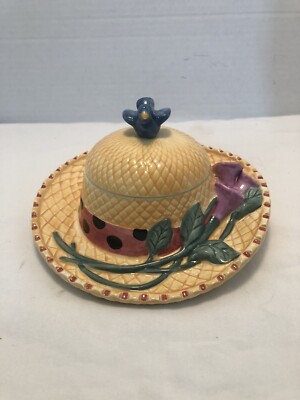 Vtg Vandor 1997 Straw Hat  Home In The Garden  Ceramic Lidded Trinket Box