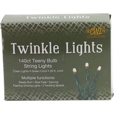 Twinkle Christmas Lights Strand 140 Super Bright Teeny Clear Bulbs Green Cord