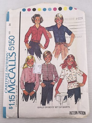 5150 Vintage McCalls Sewing Pattern Girls Boys Front Buttoned Shirt Carefree