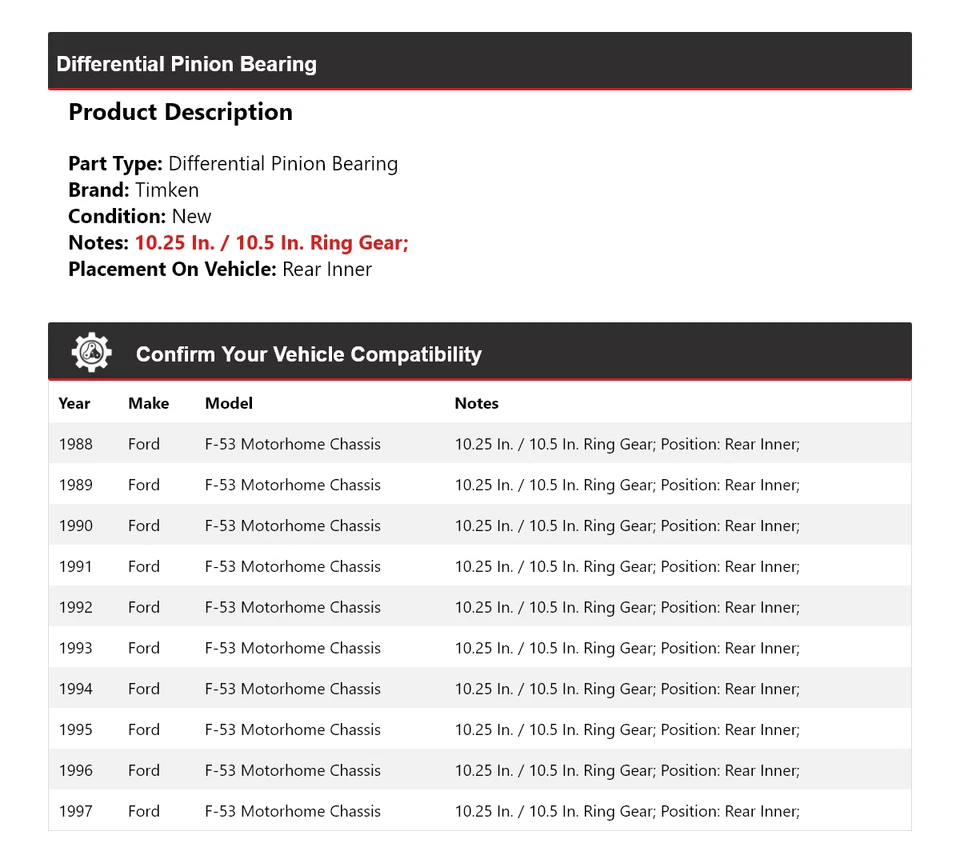 Подшипник шестерни дифференциала шасси дома на колесах для 1988-1997 Ford F-53 Timken - Изображение 2 из 4