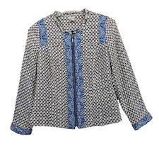 Chicos Tan Blue Woven Tweed Fringe Medallion Scarf Print Trim Blazer Jacket Sz 1
