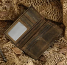 Mens Genuine Leather RFID Blocking Bifold New Brown Long Wallet Card Holder USA