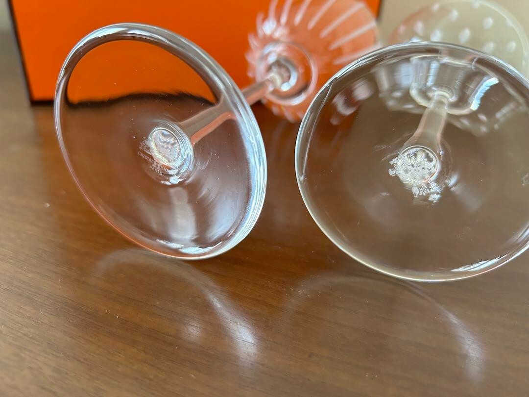 HERMES Fanfare Pair Wine Glass Crystal Clear Glasses Glassware