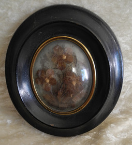 OLD ANTIQUE FRENCH WOODEN FRAME CONVEX GLASS VICTORIAN HAIRPIECE FLOWERS