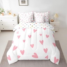 Girls Cute Love Heart Comforter Set with Sheets 7 Piece Full White and Pink