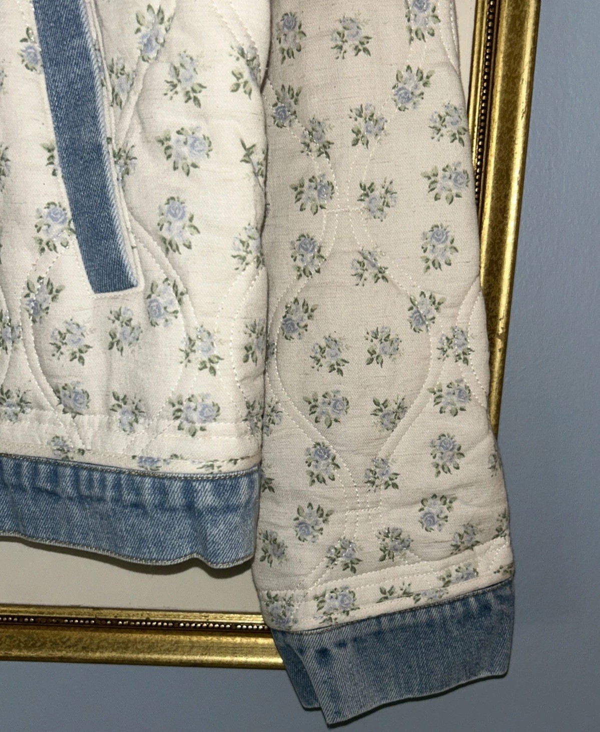 Floral Print Quilted Denim Jacket Button Jean Blue Ivory - Main Strip Size Med image 3