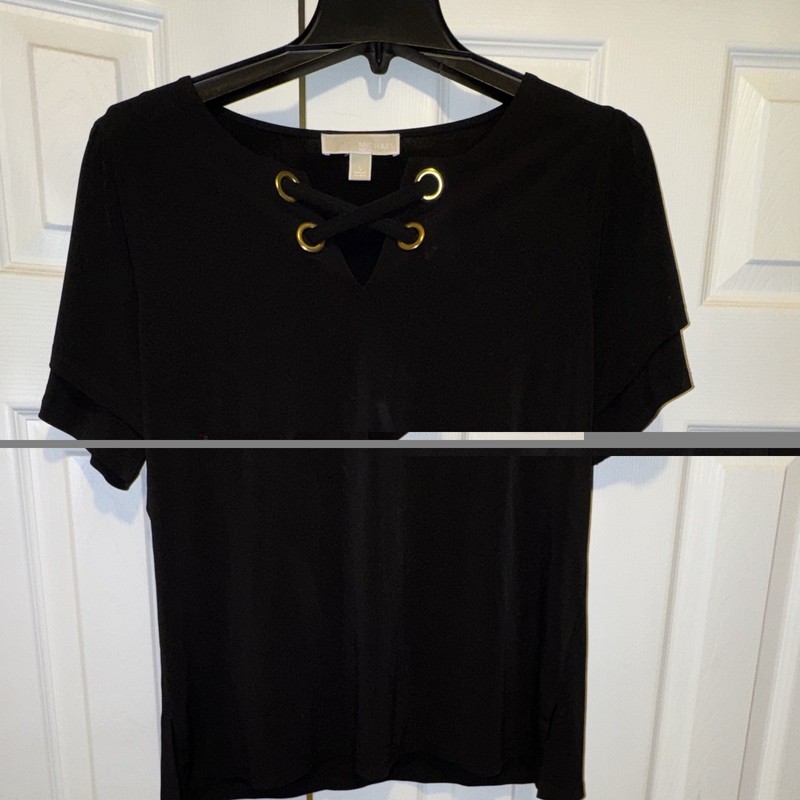 Michael Michael Kors Women’s Black Solid Short Sleeve V-Neck Lace-Up Blouse Sz L