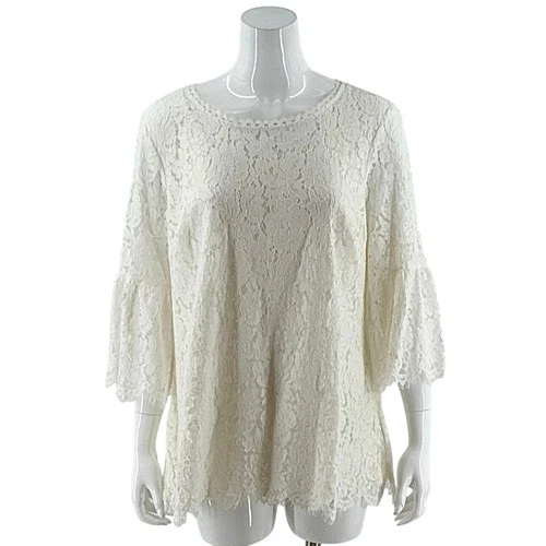 Isaac Mizrahi Live Womens Lace Overlay Top Plus Size 1X Cream Ivory Bell Sleeve