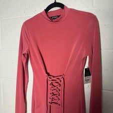 Project Runway Mock Neck Long Sleeve Lace Up Corset Midi Dress Coral S