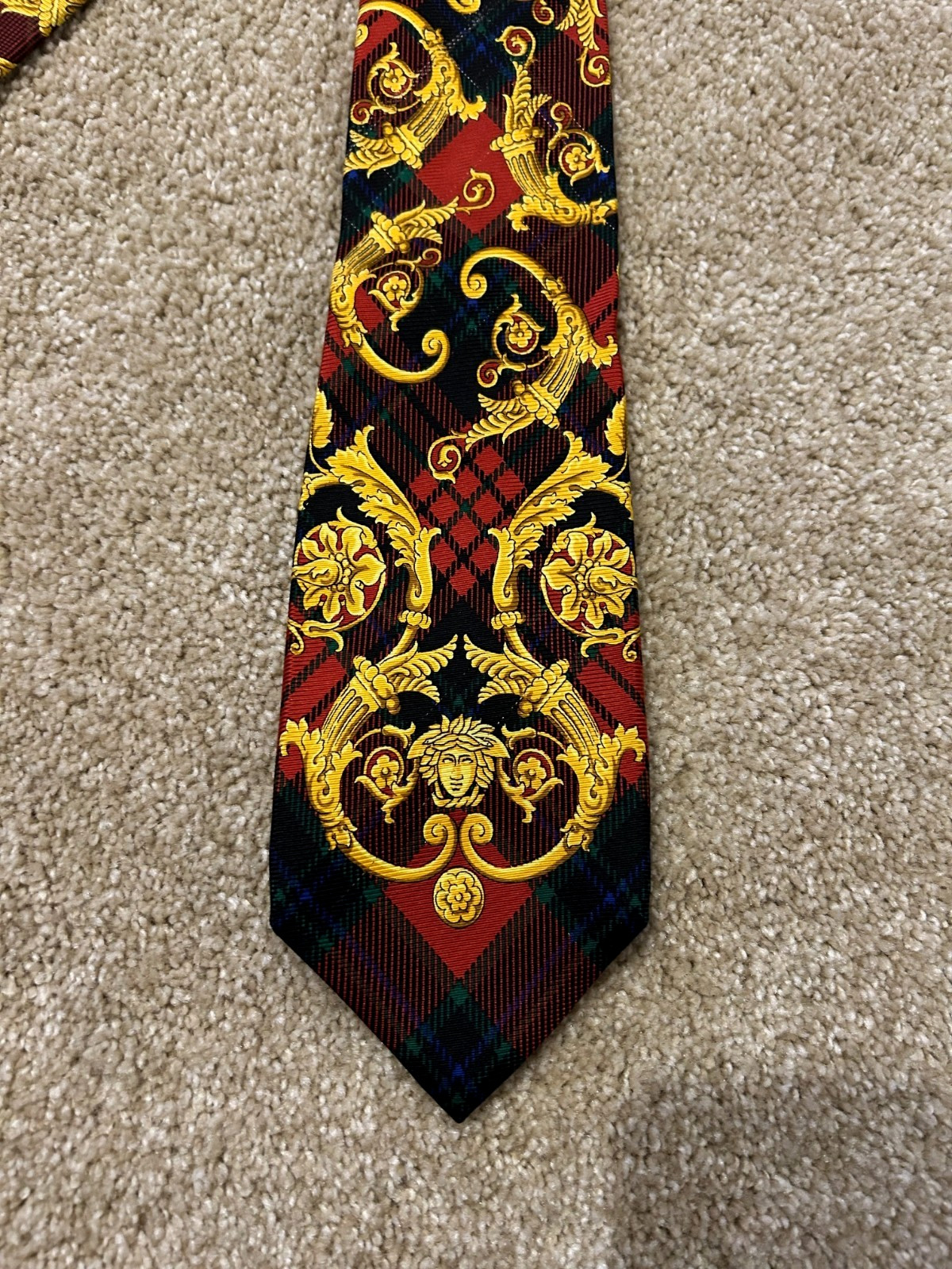 RARE GIANNI VERSACE VINTAGE '90s Plaid SILK TIE BAROQUE Medusa Head image 3