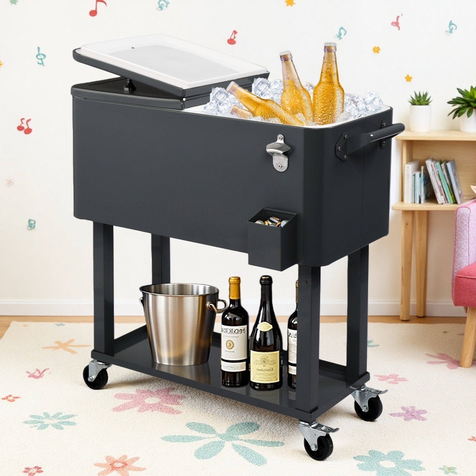 80QT Insulated Rolling Cooler Cart - Drain Plug, Bottom Shelf & Dark Gray