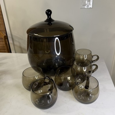 Vintage MCM Smokey Glass Punch Bowl Set With Life s Centerpiece And 6 Cups